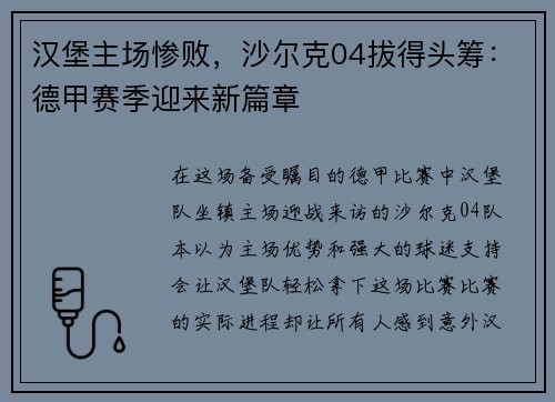 汉堡主场惨败，沙尔克04拔得头筹：德甲赛季迎来新篇章