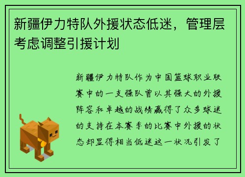 新疆伊力特队外援状态低迷，管理层考虑调整引援计划